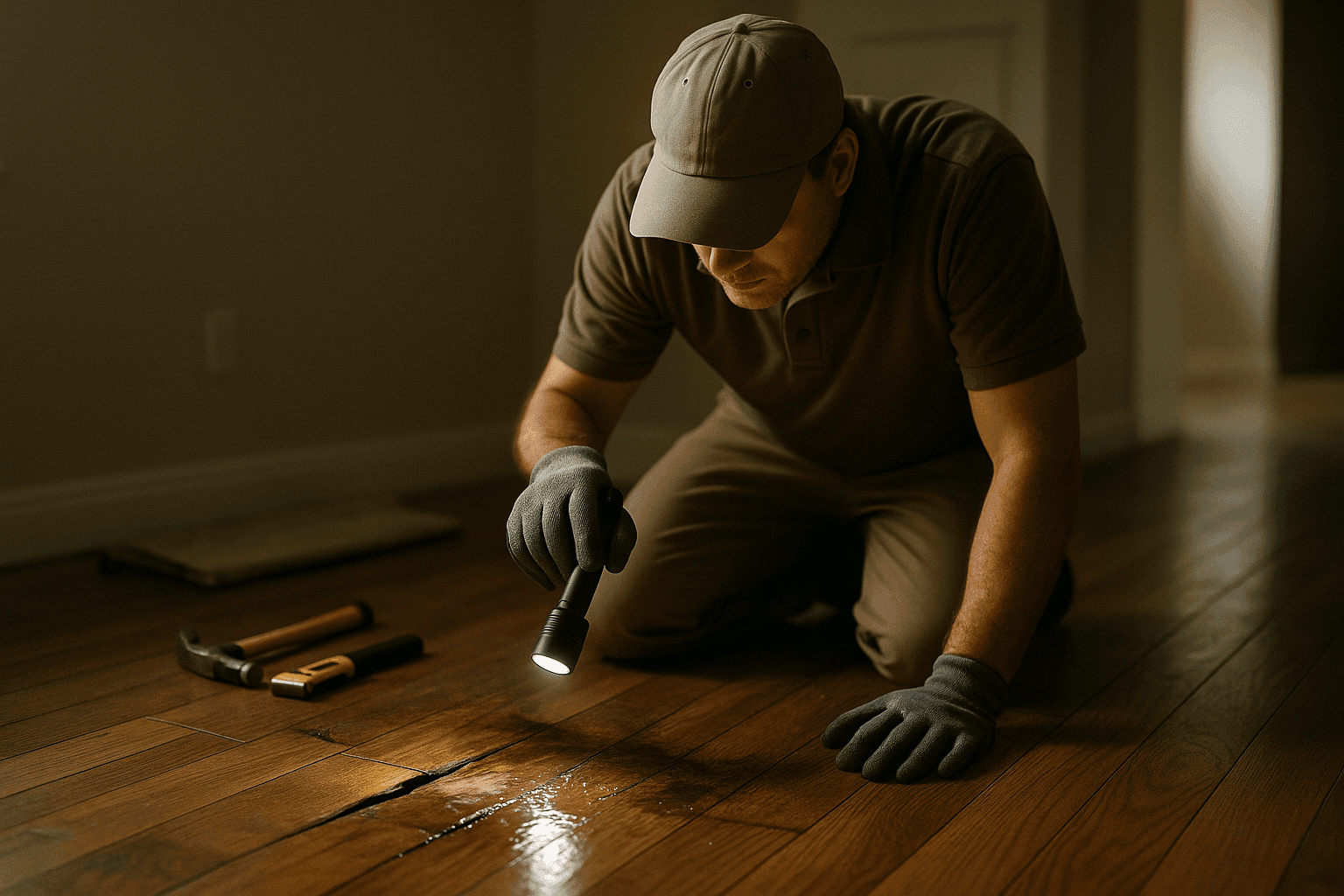 Propietario examinando piso de madera dañado por agua con linterna