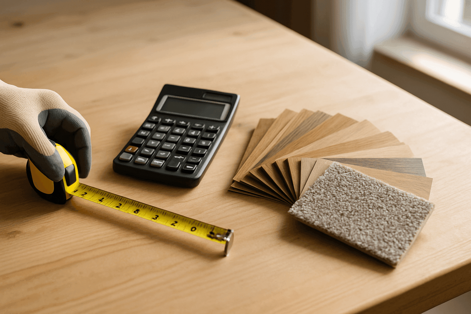 Calculadora, muestras de pisos y cinta métrica sobre mesa de madera