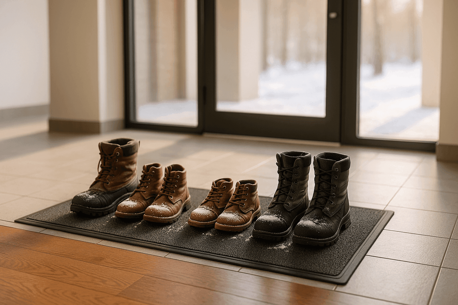 Entrada con tapetes y botas mojadas sobre piso limpio durante el invierno