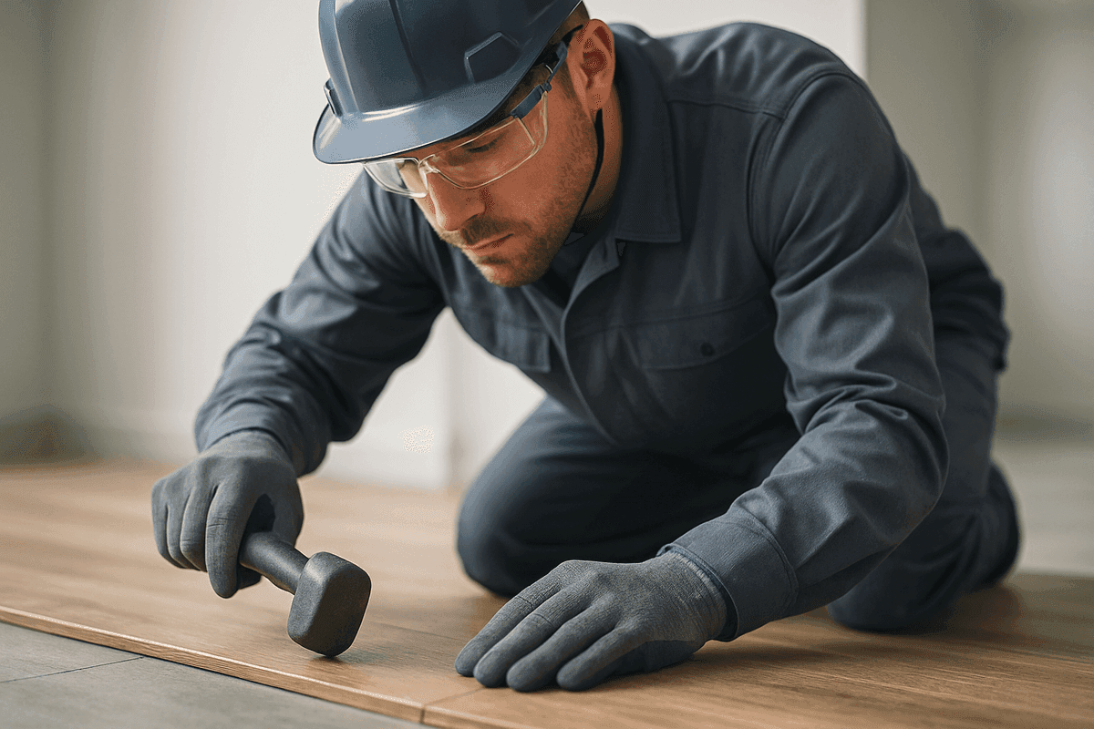 Close-up of worker wearing PPE aligning wooden floor planks in modern indoor space in Washington